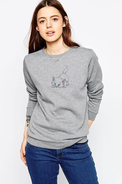 QIVI Women's Gray Kitten Cat Whisker Marie Line Printed Knitted Sweatshirt Lo...