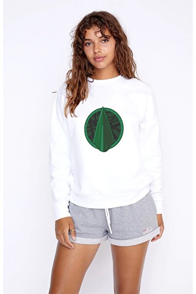 QIVI سويت شيرت نسائي بأكمام طويلة وشعار سهم كلاسيكي مطبوع باللون الأبيض