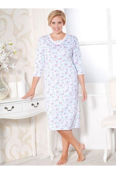Nur Aka by Nurteks Women's Blue Pink White Patterned Large Size Nightgown