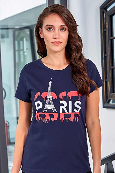 Berrak Navy Blue Printed Women's T-Shirt - Short Sleeve 8113