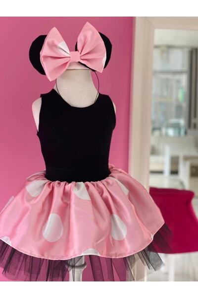 Anne Kız Tasarım Kız Çocuk Siyah Pembe Puantiyeli Sıfır Kol Mini Elbise