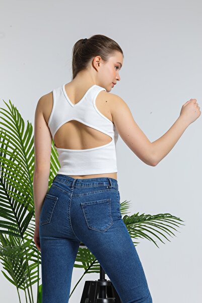 ladyzey Tricou crop alb pentru femei cu fereastră pe spate