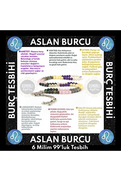 OSMANLI DOĞAL TAŞ Sertifikalı Aslan Burcu 99'luk Tesbih Ametist-kan Taşı-sitrin-labradorit-pembe Kuvars-kalsit