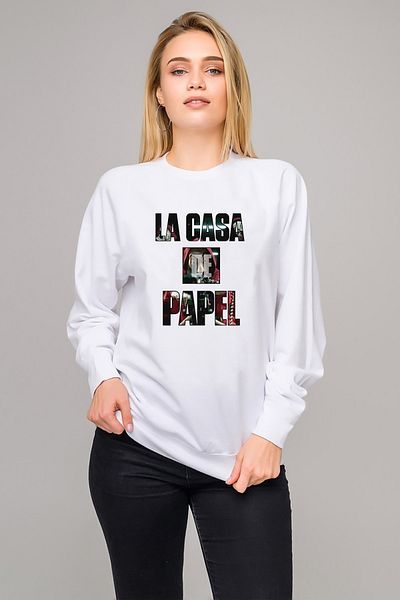 QIVI La Case De Papel Oslo εμπριμέ λευκό γυναικείο πλεκτό φούτερ μακρυμάνικο