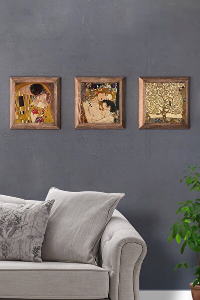 Oscar Stone Decor Kahverengi Masif Çerçeveli  Taş Tablo 3'lü Set 28x28 cm