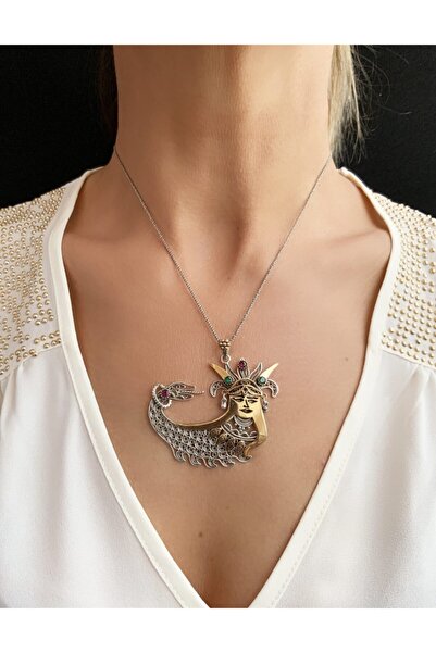 Midyat Gümüş Şahmeran Kadın Telkari Işlemeli Büyük Boy Kolye 925 Ayar Gümüş