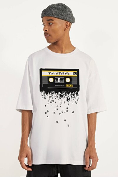 ROCKANDROLL Tricou cu mânecă scurtă supradimensionat cu bandă casetă albă pen...