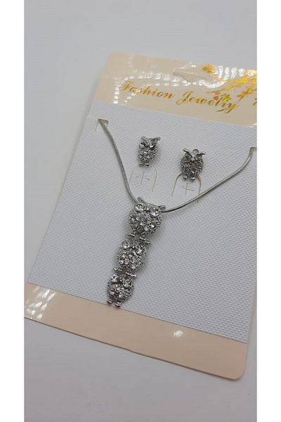 Merve Owl Embroidered Necklace-Earring Set