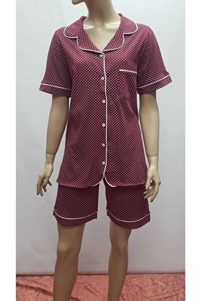 Nena Жіночий комплект шортів бордового кольору з гудзиками спереду та крапчас...
