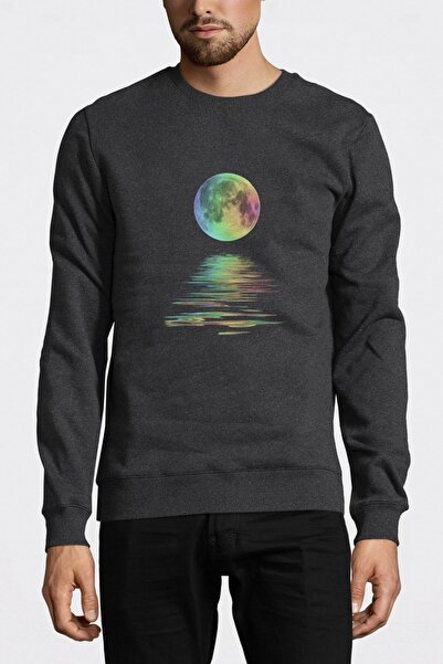 QIVI سويت شيرت رجالي محبوك بطبعة انعكاس القمر أنثراسايت مدخن بأكمام طويلة