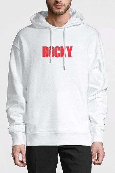 QIVI Ανδρικό πλεκτό φούτερ με κουκούλα Rocky Printed Λευκό Μακρυμάνικο