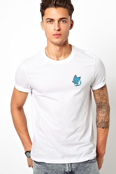 QIVI Tricou tricotat pentru bărbați alb cu imprimeu Tail Happy Happy Fairy. T...