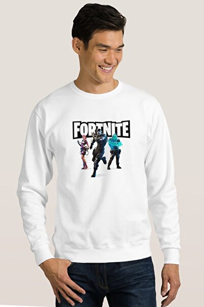 QIVI سويت شيرت محبوك أبيض مطبوع للرجال من Fortnite Station بأكمام طويلة