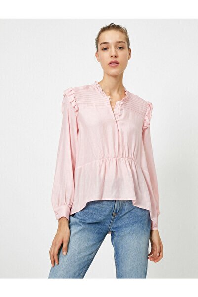Koton Γυναικεία ροζ μακρυμάνικη μπλούζα με βολάν