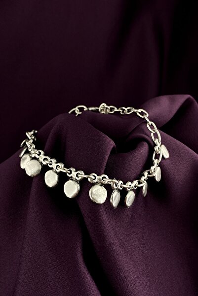 MOONİ ACCESSORİES Sallantılı Yuvarlak Tasarım Antik Gümüş Kaplama Ayarlanabilir Halhal