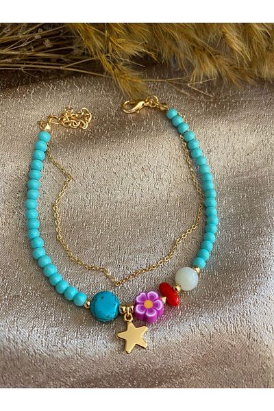 Markiz Takı Women's Pink Floral Turquoise Anklet