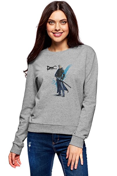QIVI سويت شيرت نسائي محبوك باللون الرمادي مطبوع عليه عبارة "Dmc Vergil Devil ...
