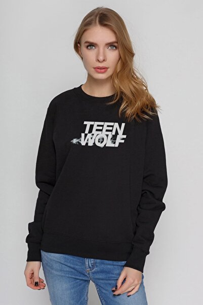 QIVI سويت شيرت نسائي محبوك أسود مطبوع بأكمام طويلة من Teenwolf