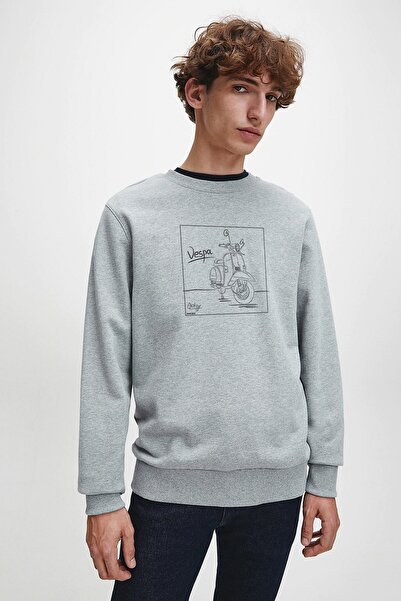 QIVI Men's Vespa Printed Gray Melange Knitted Long Sleeve Sweatshirt