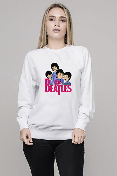 QIVI سويت شيرت نسائي محبوك باللون الأبيض مطبوع عليه فريق البيتلز بأكمام طويلة