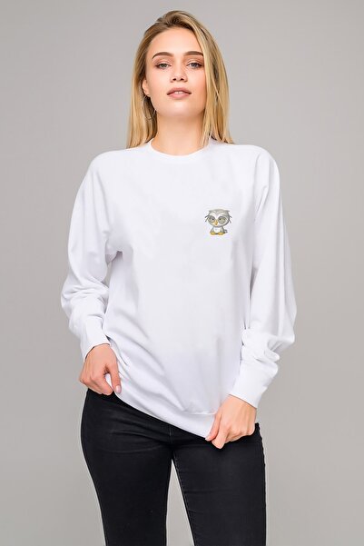 QIVI Eager Cute Owl Chest B Printed White Women's Knitted Sweatshirt Long Sleeve