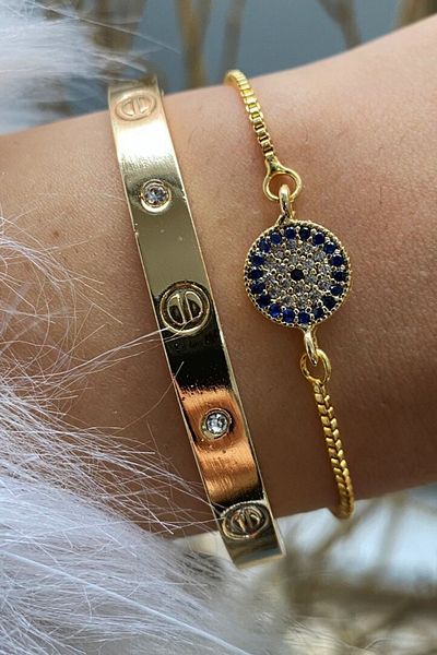 Jenny Daphne Women's Gold Handcuff & Evil Eye Stone Elevator Combination Bracelet 2 Piece