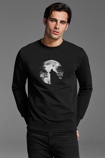 QIVI سويت شيرت رجالي أسود محبوك بطبعة وولف مون بأكمام طويلة