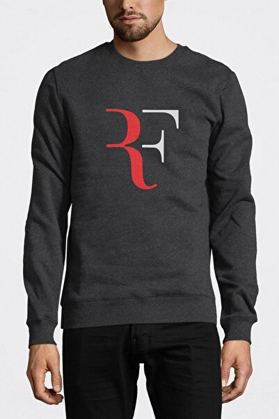 QIVI Roger Federer Rf Printed Smoked Anthracite Men's Knitted Sweatshirt Long...