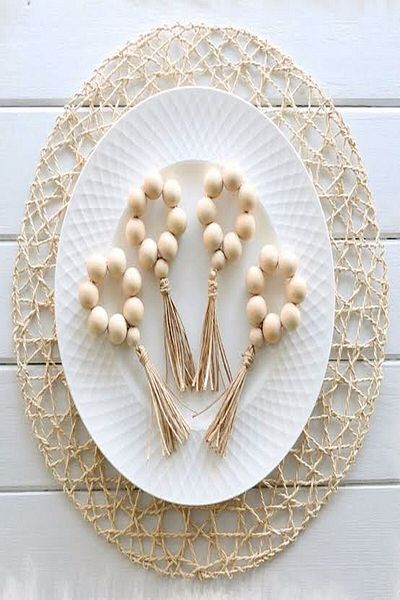 Emtory Home Δαχτυλίδι χαρτοπετσέτας 6 τεμαχίων από φυσικό ξύλο με χάντρες με φούντες
