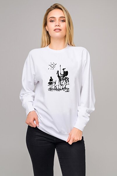 QIVI سويت شيرت نسائي أبيض بيكاسو – دون كيشوت إسبانيا دون محبوك مطبوع