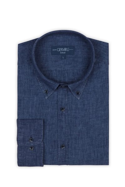 Germirli Indigo Navy Blue Delave Linen Button Collar Tailor Fit Shirt