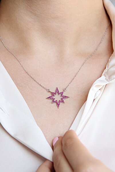 Argentum Concept 925 Ayar Gümüş Fuşya Taşlı Kuzey Yıldızı Kolye - N074401