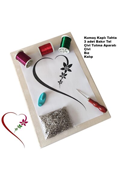 TUĞRA TABLO Filografi Set Kalp'li Çiçek Çalışma Seti & Kumaş Kaplı Tahta