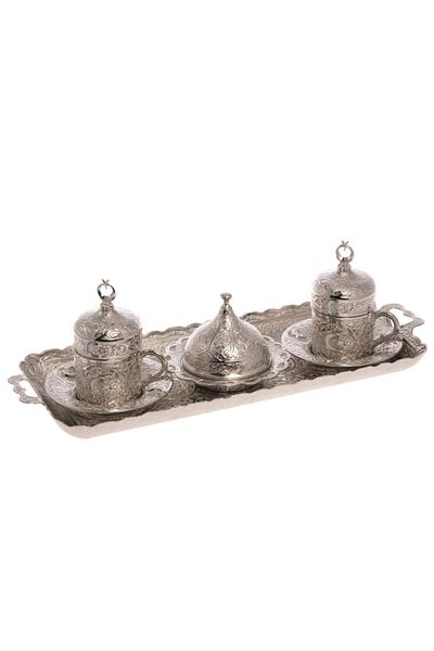 BAZAAR 4 Ottoman Crescent Star Motif Turkish Coffee Set for 2 People - Silver Color Crst162