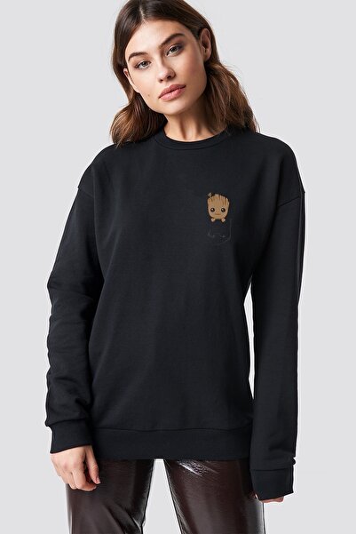 QIVI سويت شيرت نسائي بأكمام طويلة وجيب أسود محبوك من Groot Baby