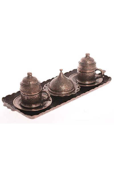BAZAAR 4 Ottoman Motif Turkish Coffee Presentation Set for 2 People - Antique Copper Crst164