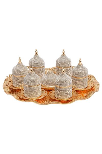BAZAAR 4 مجموعة تقديم القهوة التركية المرصعة بالأحجار تتسع لـ 6 أشخاص - أصفر Crst500