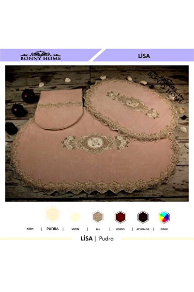 Bonny Home Σετ μπάνιου με χαλάκι μπάνιου σε σκόνη Lisa 3 τεμαχίων με γαλλική δαντέλα απλικέ