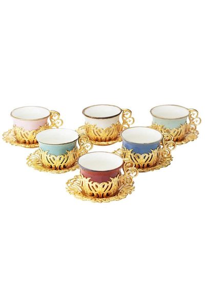 BAZAAR 4 Ottoman Style 6 Person Coffee Presentation Set Colorful Yellow Crst610
