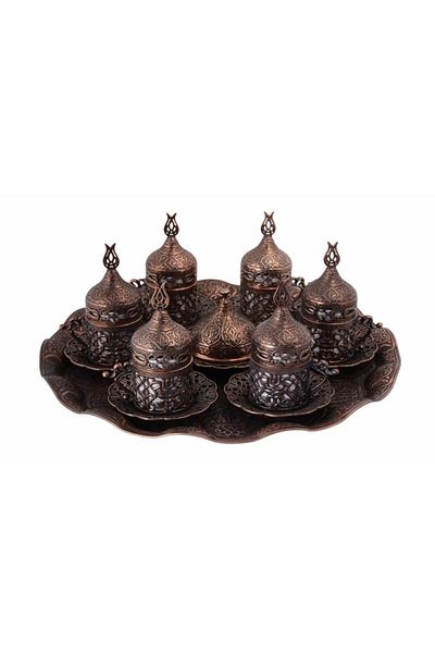 BAZAAR 4 طقم قهوة تركية بتصميم توليب عثماني لـ 6 أشخاص - نحاس عتيق Crst108