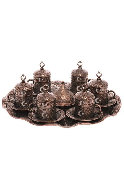 BAZAAR 4 Ottoman Crescent Star Motif Turkish Coffee Set for 6 People - Antique Copper Crst102