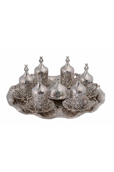 BAZAAR 4 طقم قهوة تركية بتصميم توليب عثماني لـ 6 أشخاص - لون فضي Crst108