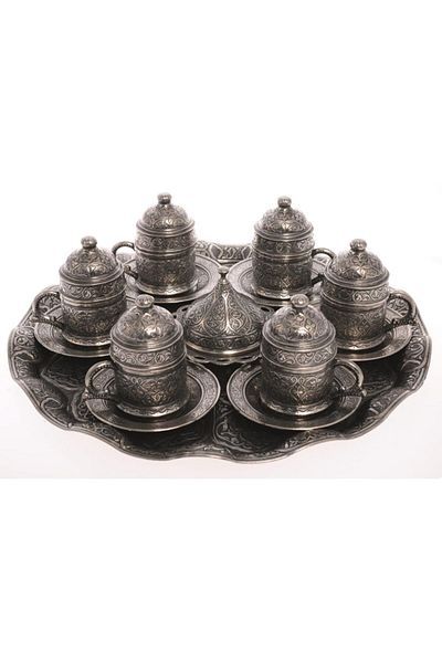 BAZAAR 4 Nostalgic Ottoman Motif Turkish Coffee Cup Set for 6 People White Pewter Crst104