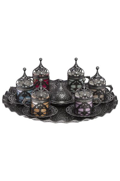 BAZAAR 4 طقم قهوة تركية عثمانية حريم سلطان 6 أكواب ملونة - أبيض بيوتر Crst116