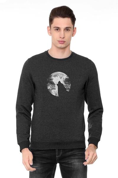 QIVI سويت شيرت رجالي محبوك بطبعة وولف مون أنثراسايت مدخن بأكمام طويلة