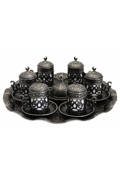 BAZAAR 4 Ottoman Motif Sultan Turkish Coffee Set for 6 People - Pewter Crst110
