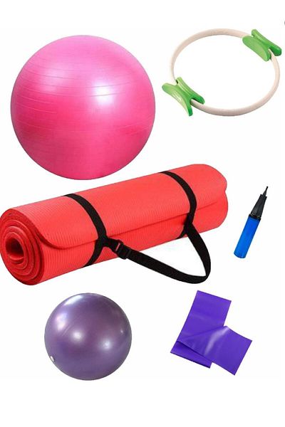Povit 5-Piece Pilates Set 1 Cm Red Nbr Mat, 25cm Ball, 65 Cm Ball, Tape and Circle