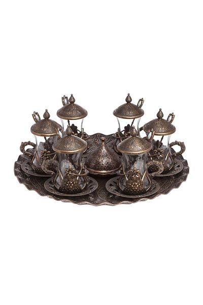 BAZAAR 4 طقم عرض شاي بزخارف عثمانية مع ملعقة - نحاس عتيق Crst704