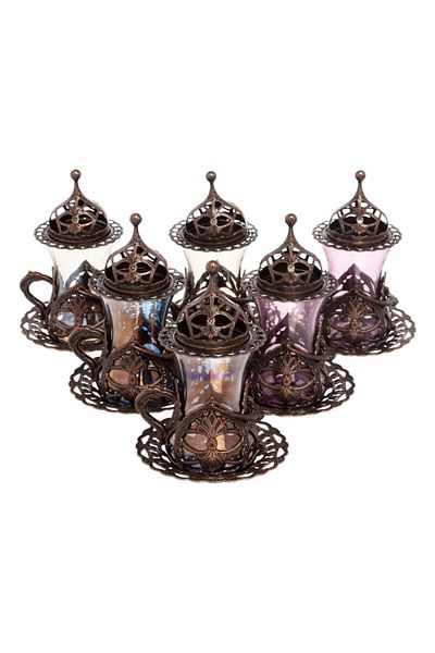 BAZAAR 4 Hürrem Colored Tea Presentation Set with Ottoman Motif - Antique Copper Crst768