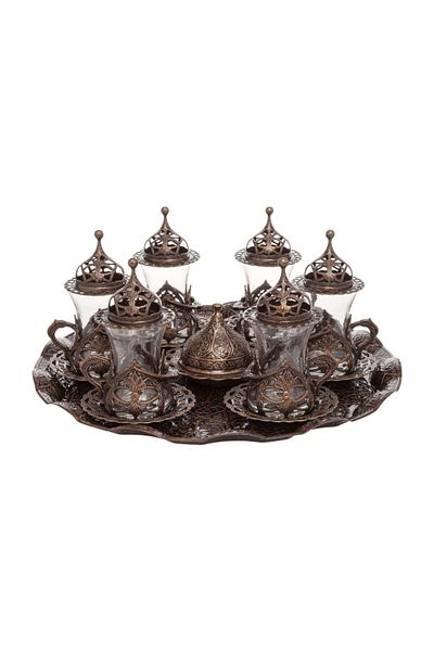 BAZAAR 4 طقم عرض شاي Hürrem بزخارف عثمانية - نحاس عتيق Crst706